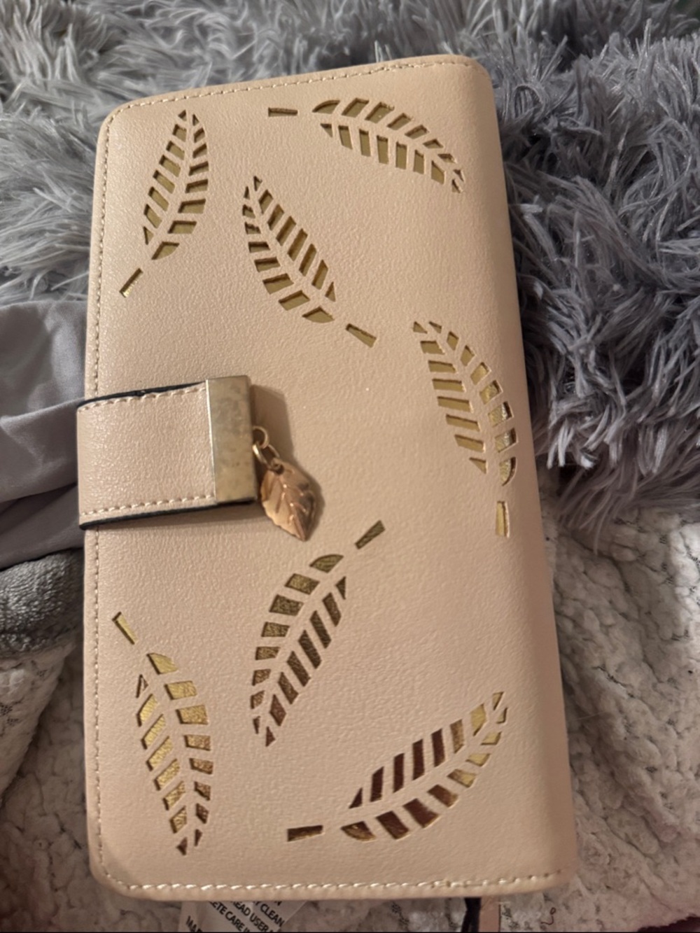 Women's Beige Leaf Cutout Wallet with Gold Accent